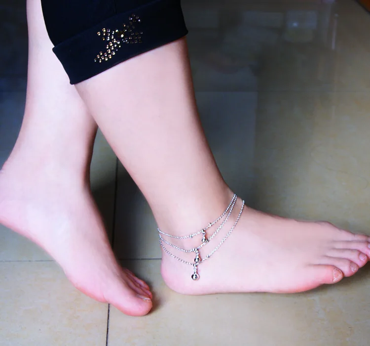 Летняя мода серебряные ювелирные изделия 925 пробы серебряный браслет на ногу многослойный колокольчик кулон дизайн сплошной Серебряный ножной браслет леди Прекрасный bijoux