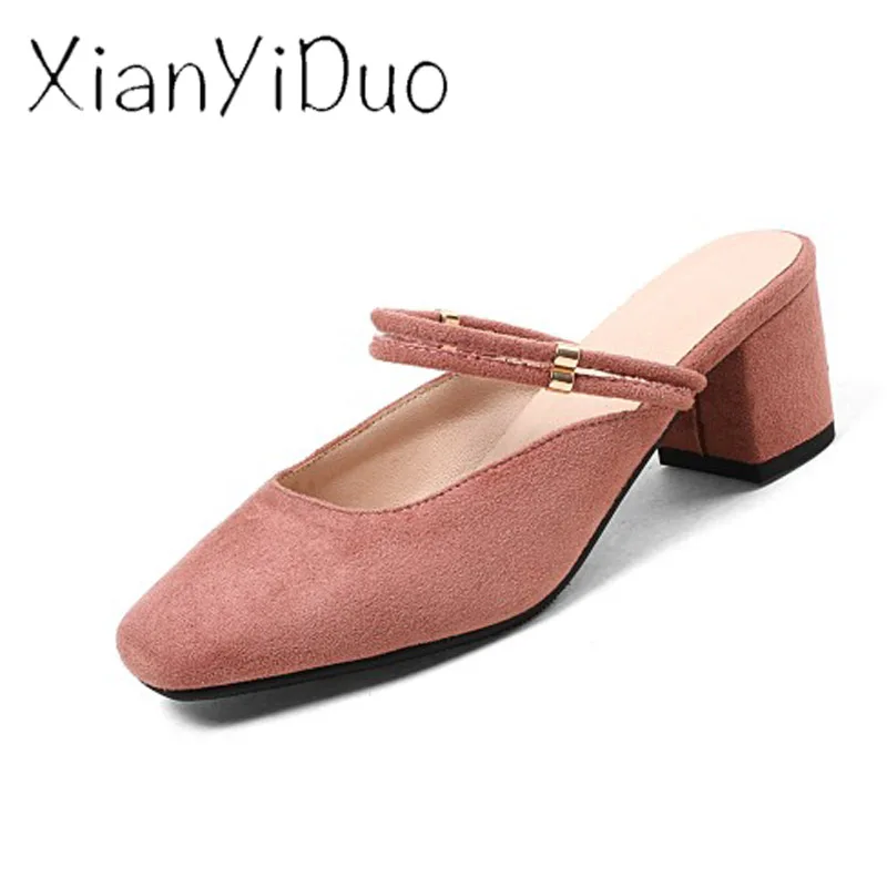 Xianyiduo2019 Новая Летняя женская обувь из флока розовые сандалии с квадратным носком, закрытым носком, на среднем каблуке, с закрытой пяткой, большие размеры 34-43/h12 - Цвет: Розовый