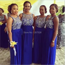 Cheap Royal Blue Bridesmaid Dresses Sheer Chiffon floor length Bridesmaid Gowns with Beads and Sequins Prom Dress WD69