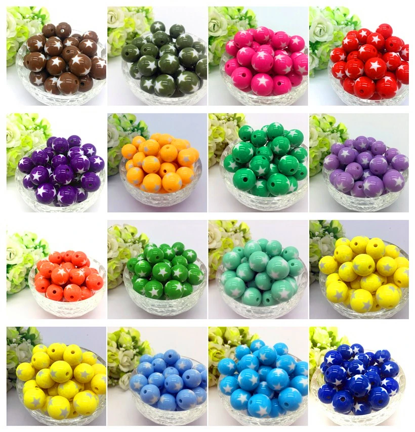 

New 16mm 10Pcs Print Stars Acrylic Round Spacer Loose Beads Crafts Pick Colors