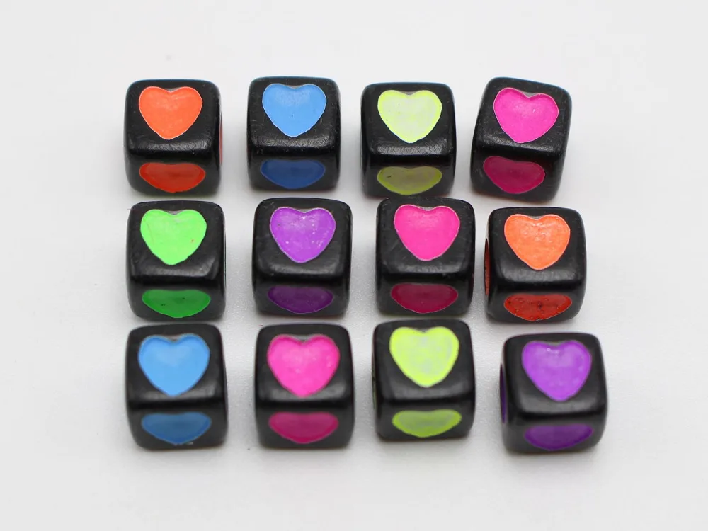 

250 Black with Neon Color Love Heart Cube Beads 7X7mm