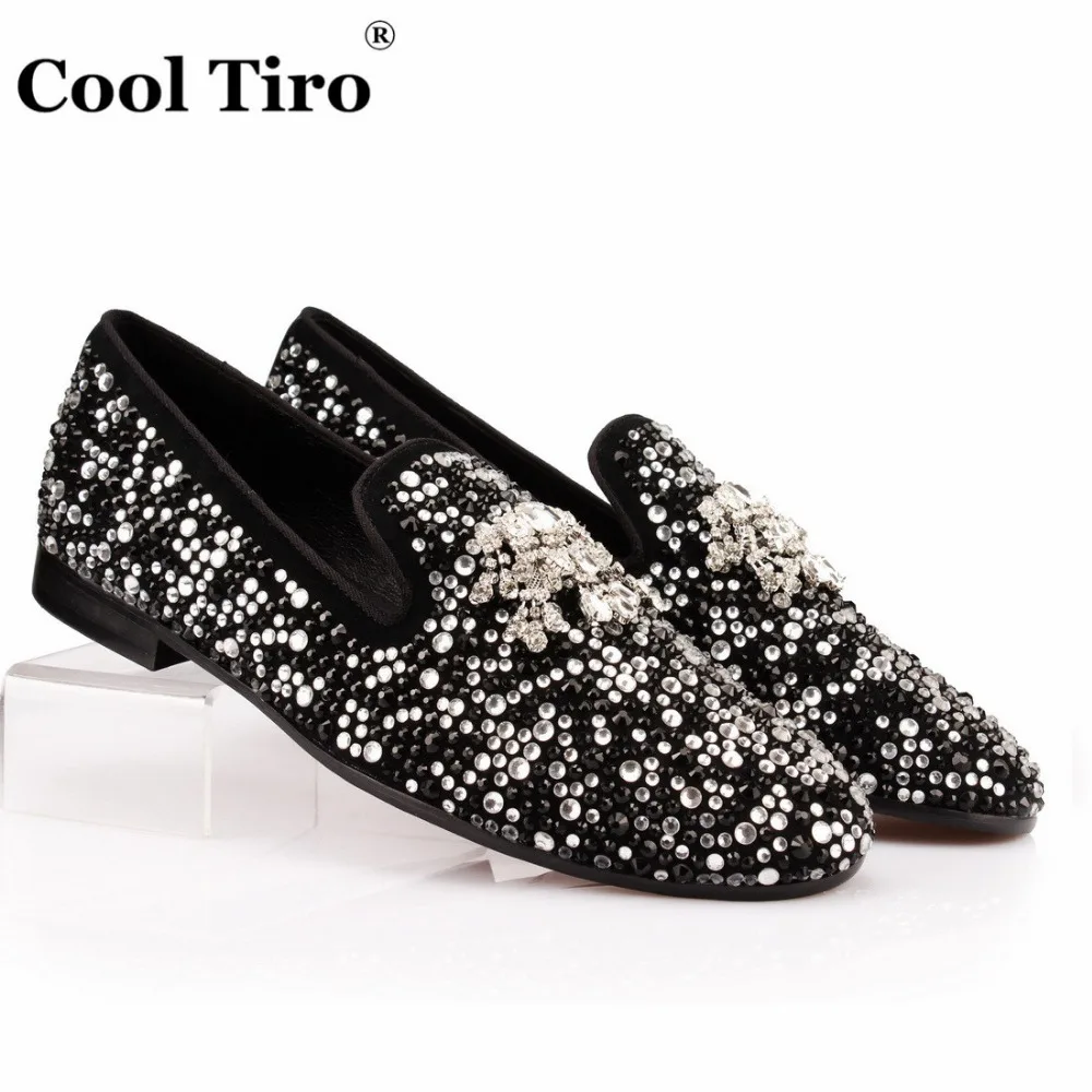 

COOL TIRO White Black Rhinestone Tassel Men Loafers Crystals Slippers Smoking Slip-on Shoes Party and Wedding Dress Men's Flats