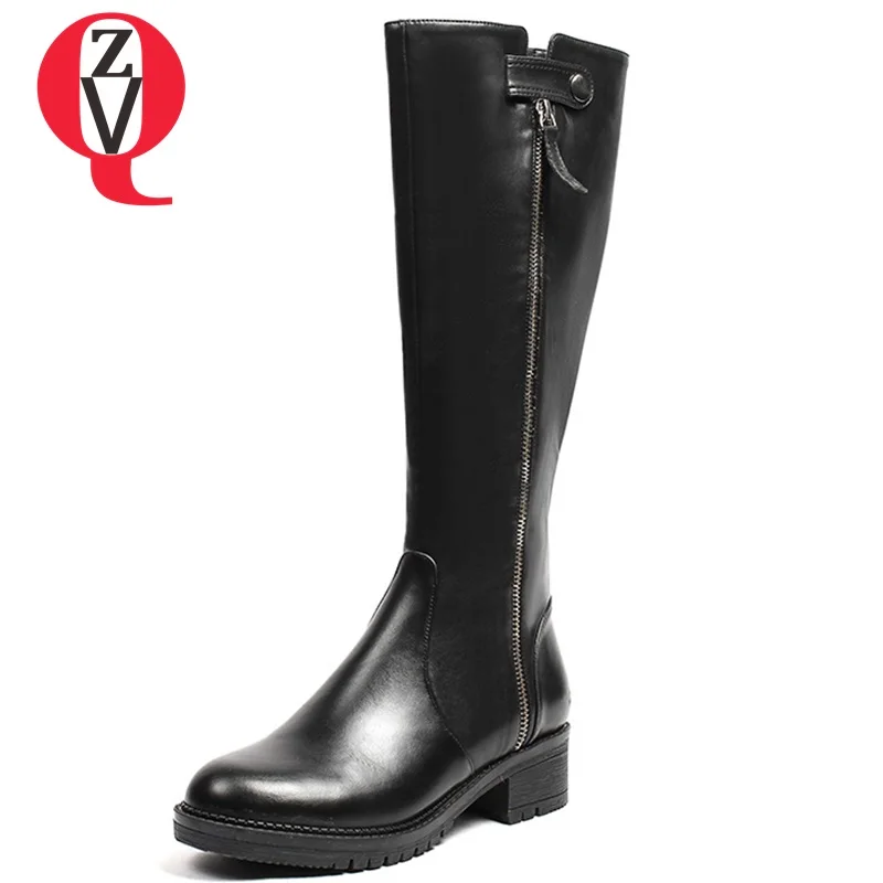 

ZVQ 2018 new concise casual high quality genuine leather winter warm knee high boots med square heel round toe zip women shoes