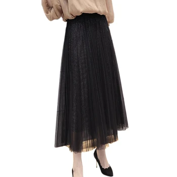 

Spring 2018 Skirt Womens New Tulle skirts Double-layer Big Swing Skirts Gauze Pleated Skirt High Waist Elastic Long Skirt