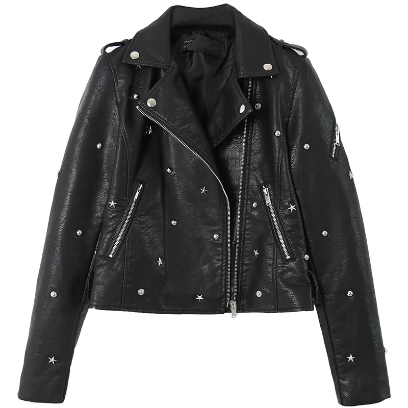 Punk Black Leather Jacket Women Slim Long Sleeve Turn down Collar Rivet Ladies' Leather Jackets