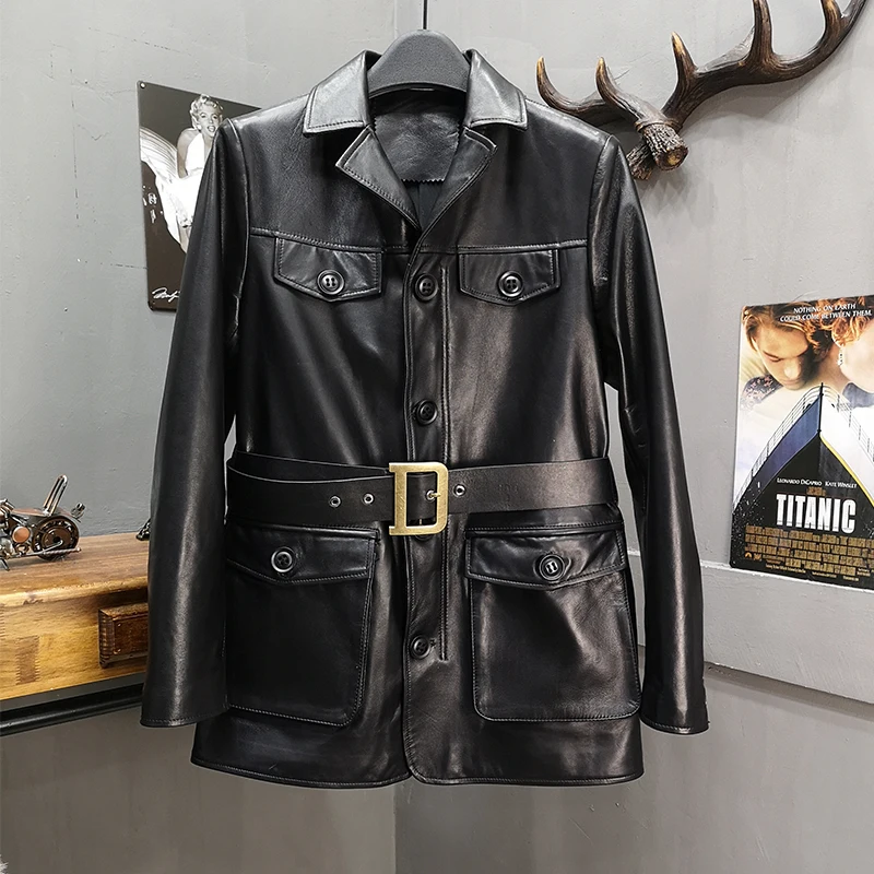 

2019 Sheepskin genuine leather jacket women OL Slim Single Breasted Buttons zipper coat letter belt pockets long Jackets w1757