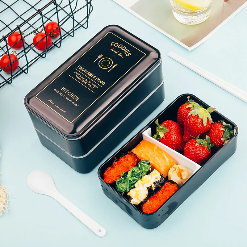 

1200ml Black Lunch box double-layer Portable Bento box Eco-friendly Food container with compartments Leakproof Microwavable
