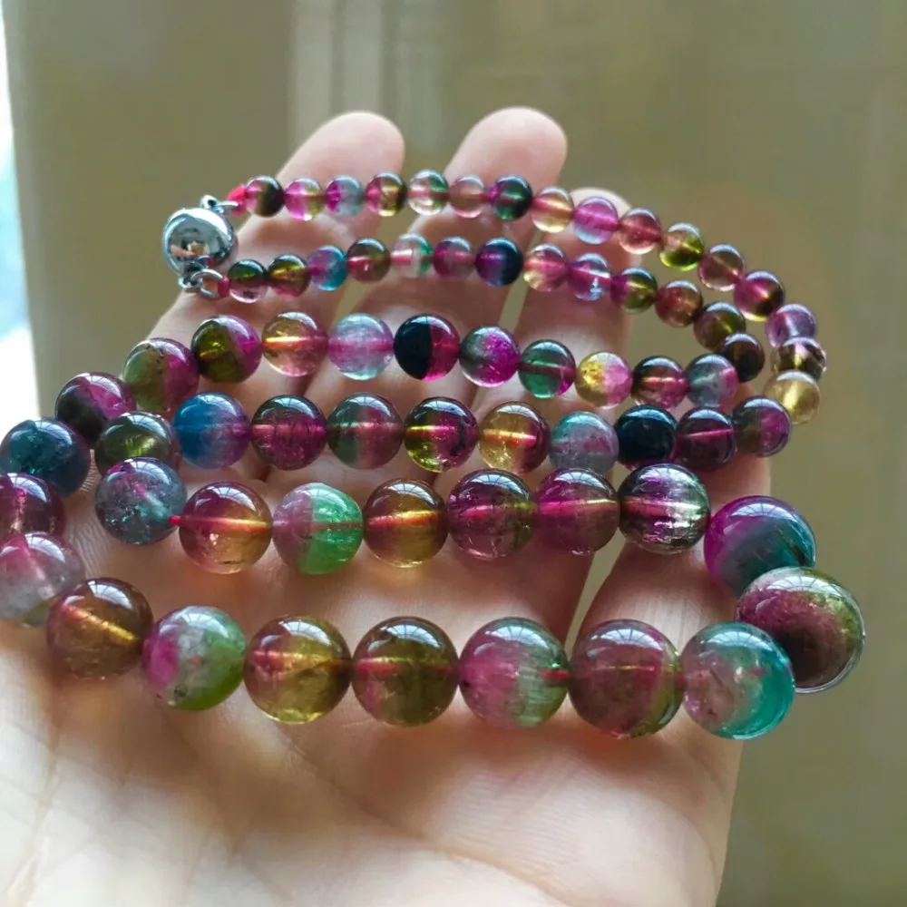 

Certificate 100% Natural Colorful Tourmaline Quartz Crystal Necklace 5-11mm Clear Round Beads Stretch Necklace Woman Beads AAAAA
