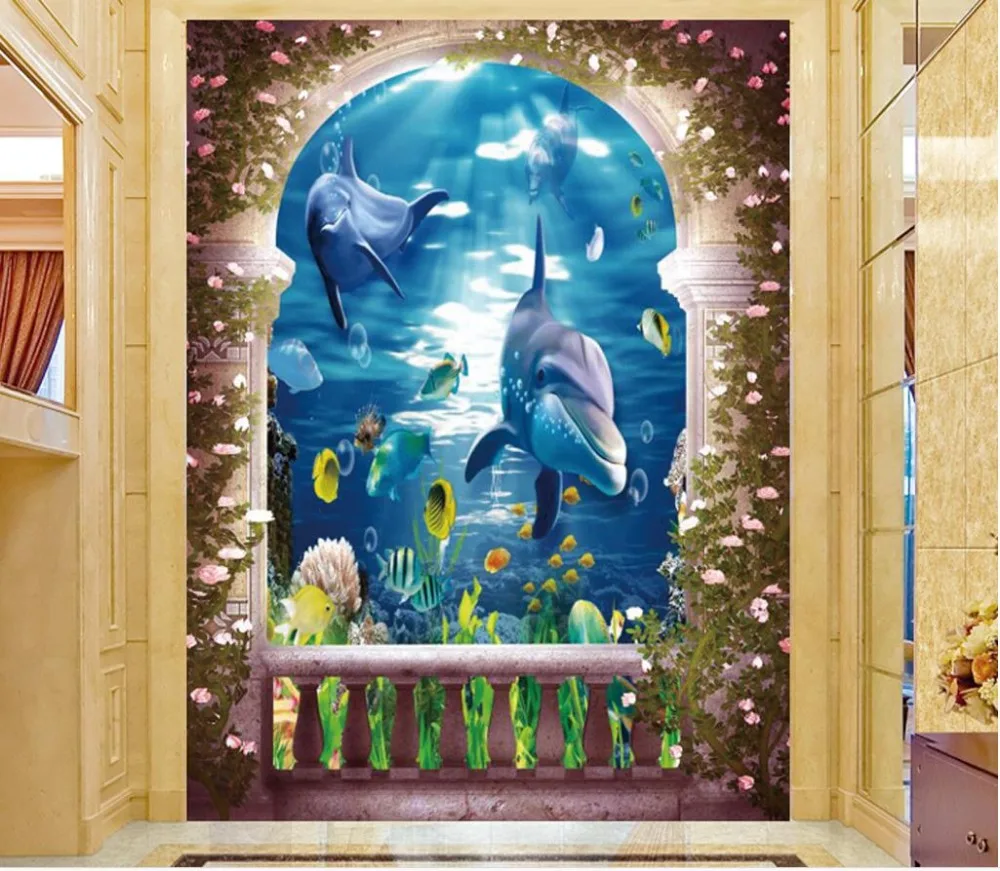 

custom 3d wallpaper Roman pillars underwater world dolphin background wall bathroom 3d wallpaper 3d customized wallpaper