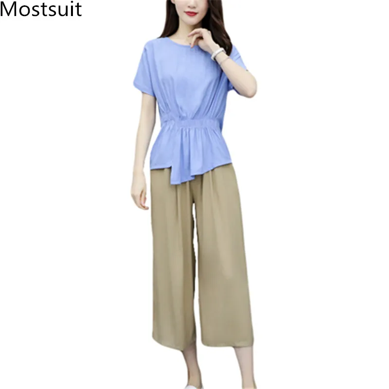 

Casual Summer Cotton Linen Two Piece Sets Outfits Women Plus Size Short Sleeve Tunics Tops And Wide Leg Pants Korean Suits Sets