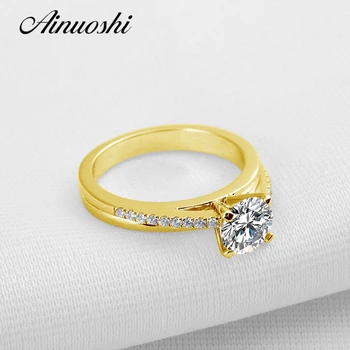 

AINUOSHI Trendy 14K 4 Claws Round Ring 14K Solid Gold Unique Channel Pave Setting SONA Diamond Wedding Engagement Ring for Women