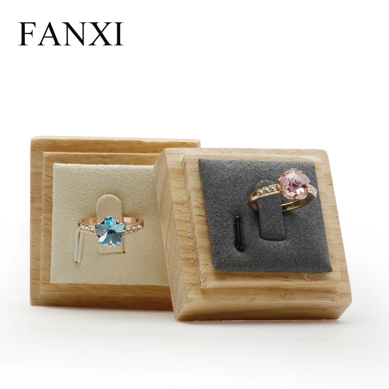 FANXI Solid Wood Creamy-white&Gray Single Ring Display Stand with Microfiber for Jewelry Shop Exhibition Ring Display Holder Jewelry Packaging