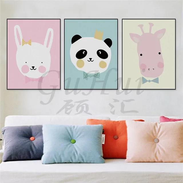 Nordic Kartun Hewan Kepala Raja Panda Indah Kelinci Dinding Poster