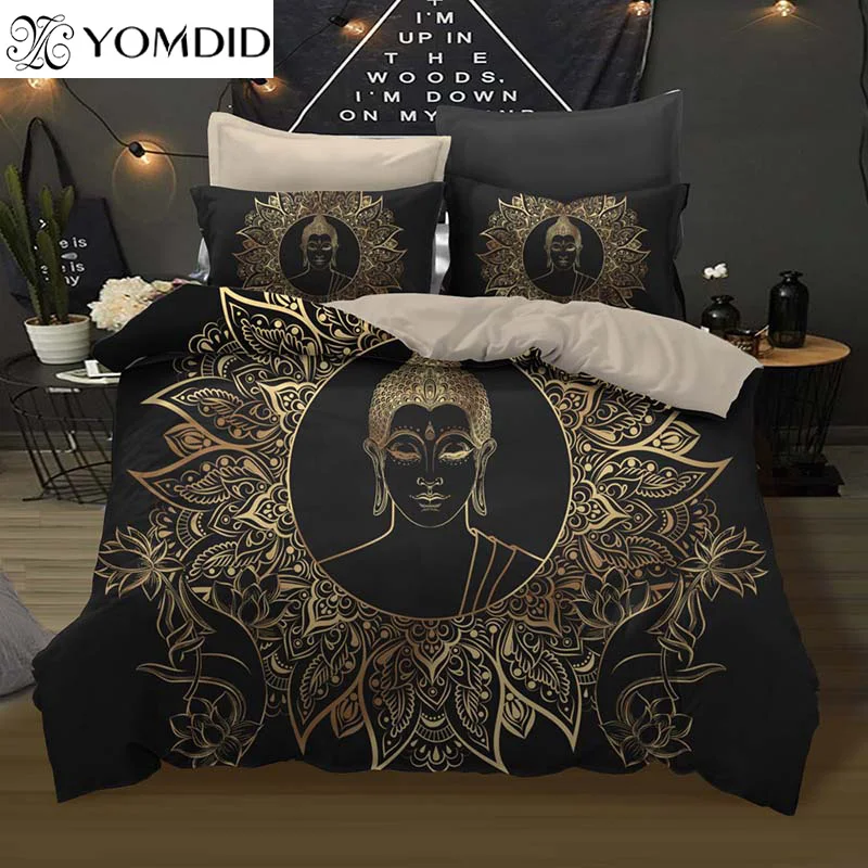 

3pcs Geometric Bedding Set Gold Buddha Duvet Cover With Pillowcase for Buddhist Believers Bedroom Duvet Cover Set Multi-sizes