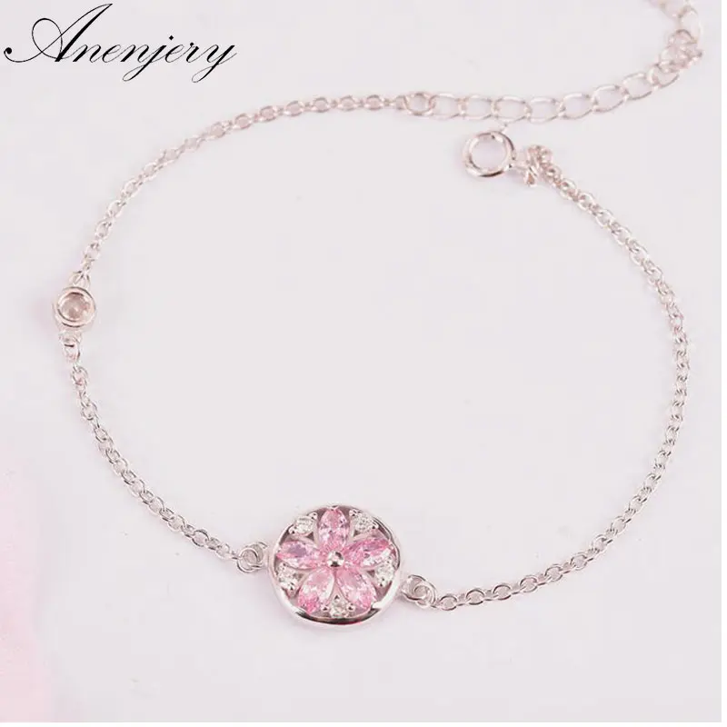 

Anenjery 925 Sterling Silver Pink Crystal Zircon Cherry Blossom Flower Bracelets & Bangles For Women pulseira S-B45