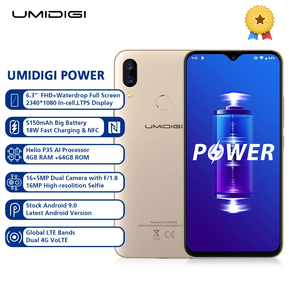 Смартфон UMIDIGI POWER 4G Phablet 6,3 дюймов Android 9,0 Helio P35 Octa Core 2,3 ГГц 4 Гб ОЗУ 64 Гб ПЗУ 16,0 Мп фронтальная камера 5150 мАч