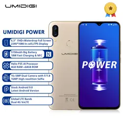 UMIDIGI POWER 4G Phablet 6,3 дюймов Android 9,0 Helio P35 Восьмиядерный 2,3 ГГц 4 Гб ОЗУ 64 Гб ПЗУ 16.0MP фронтальная камера 5150 мАч смартфон