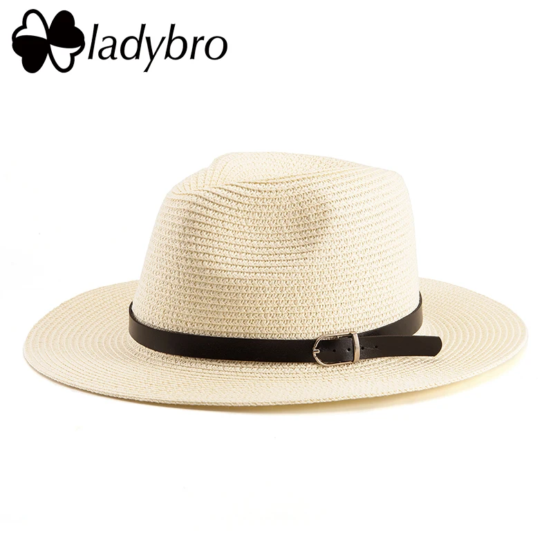Ladybro соломенная шляпа с широкими полями для женщин, шляпа от солнца, Пляжная джазовая летняя Панама, шляпа для мужчин, дамская шляпа с поясом, мужская шляпа с козырьком, шляпа сомбреро, женская
