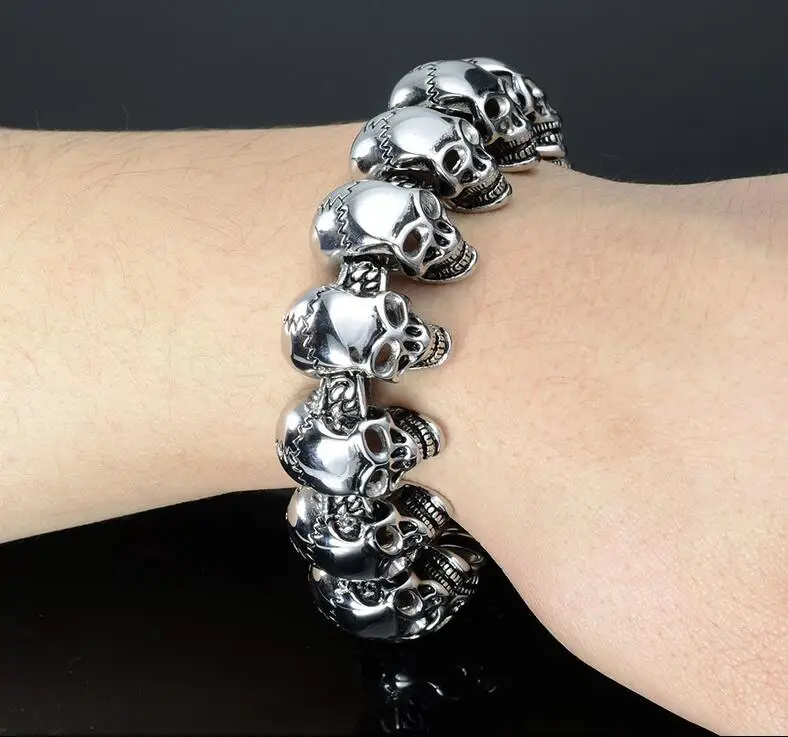 24mm Huge Heavy Vintage Men's Skeleton Skull bracelet Solid Hiphop Titanium Stainless Steel Ghost Punk Biker bangle Jewelry | Украшения
