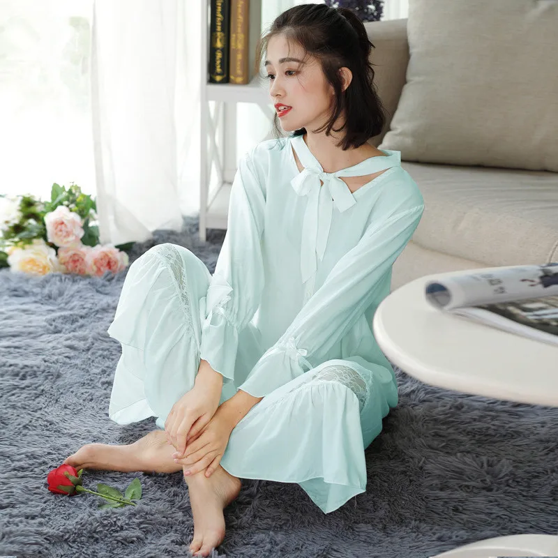 Новое поступление 2018 Демисезонный Для женщин лук принцесса Ночные рубашки для девочек леди с длинными рукавами, 100% хлопок Lounge пижамы Vestidos