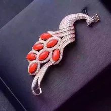 Натуральный красный коралловый камень кулон S925 серебро натуральный драгоценный камень кулон ожерелье модный роскошный длинный Павлин для женщин девушек ювелирные изделия