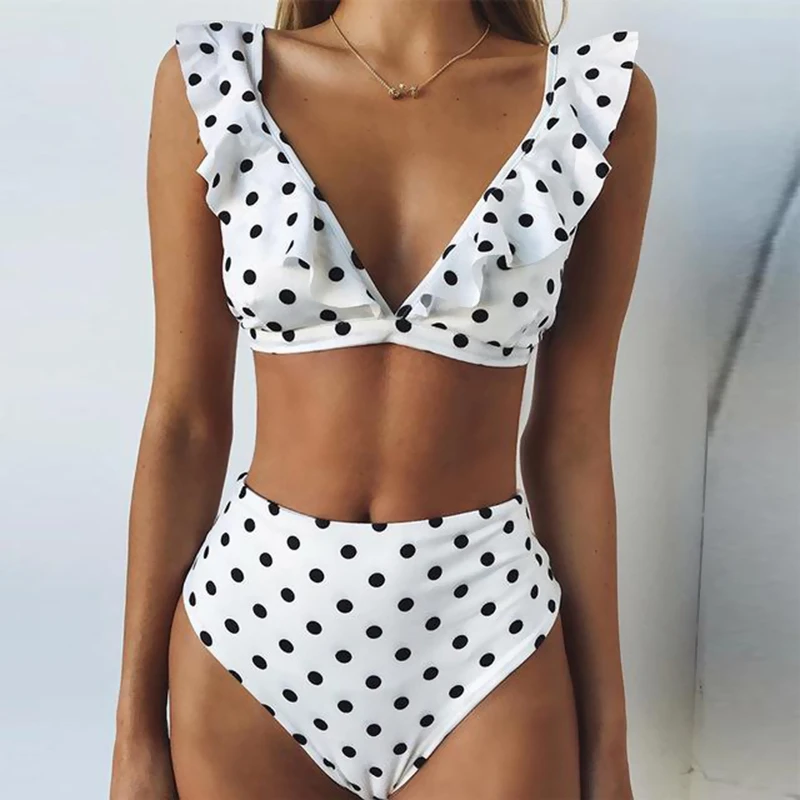 Kaufen 2020 Sexy Retro Schöne V Neck Weiß Schwarz Polka Dot Rüschen Biquini Badeanzug Cut Hohe Taille Badeanzug Bademode Frauen bikini