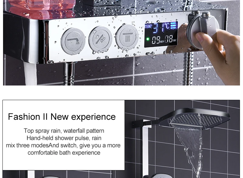 In Wall Exposed Touch Digital Shower Bath 3 Function Bathroom Shower Set Smart Intelligent Thermostat Waterfall Rain Shower (3)
