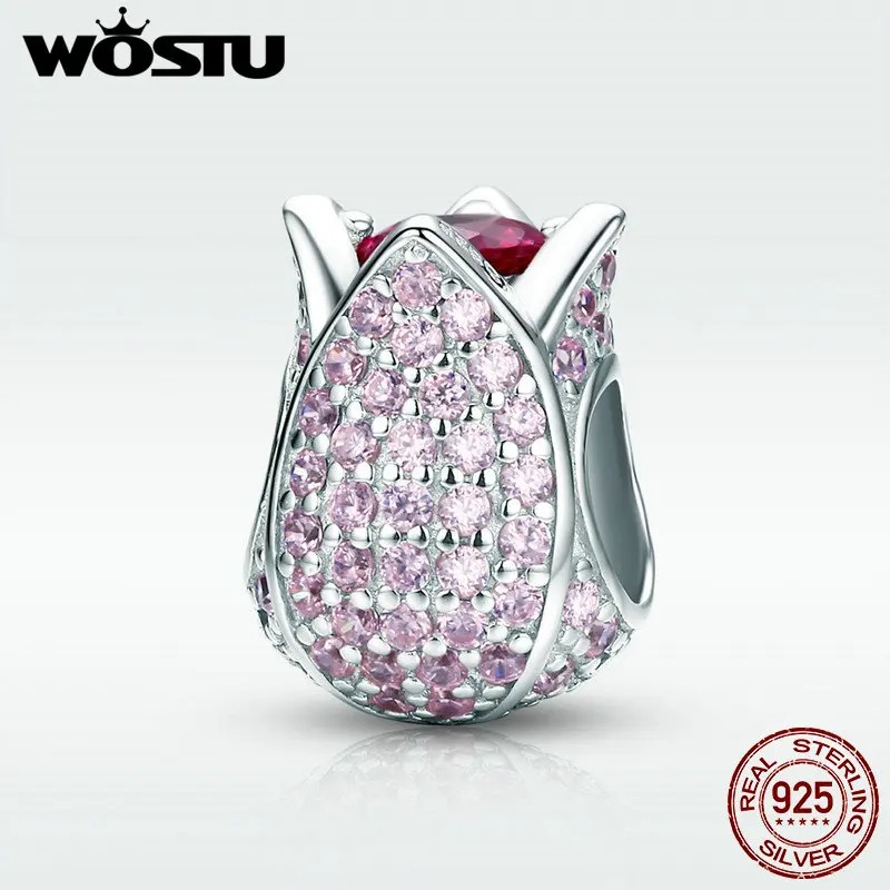 WOSTU весна новый стиль 100% Серебро 925 пробы Розовый тюльпан цветы бисера Подходит