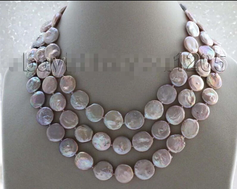 

FREE SHIPPING 17-18-19" 3Rows Genuine Natural 16mm Purple Coin Pearl Necklace #f1795!