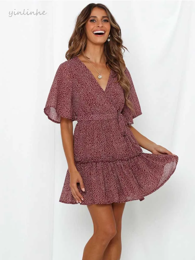 

yinlinhe Red Vintage Chiffon Dress Women Short Sleeve Wrap Dress Summer With Belt Slim Waist Elegant Holiday Ruffles vestido 114