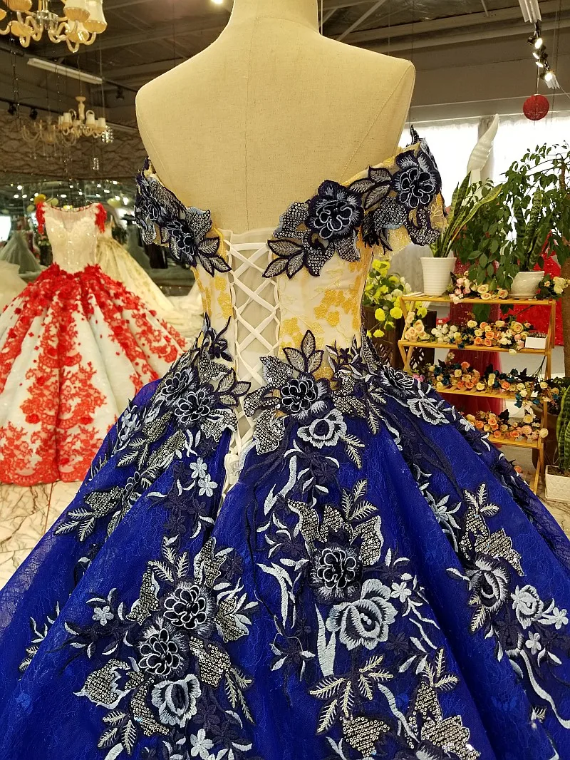 LS03656 flores de encaje azul vestido de noche de la belleza del hombro del cordón hasta vestido de fiesta posterior con envío rápido del tren