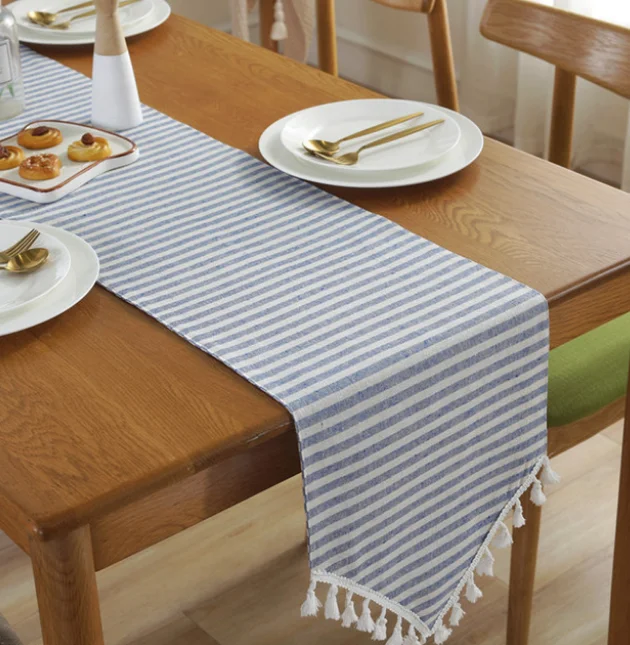 

Simple Amercian Style Striped Tassel Table Runner Christmas Party Decoration High Quality Cotton Table Flag Home Textile LFB779