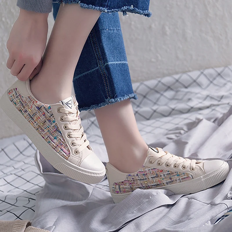 

Canvas Shoes For Girl Spring/Autumn Microfiber Lace Up Cozy Walking Shoes Female Sneakers For Women Mixed Colors Super Star