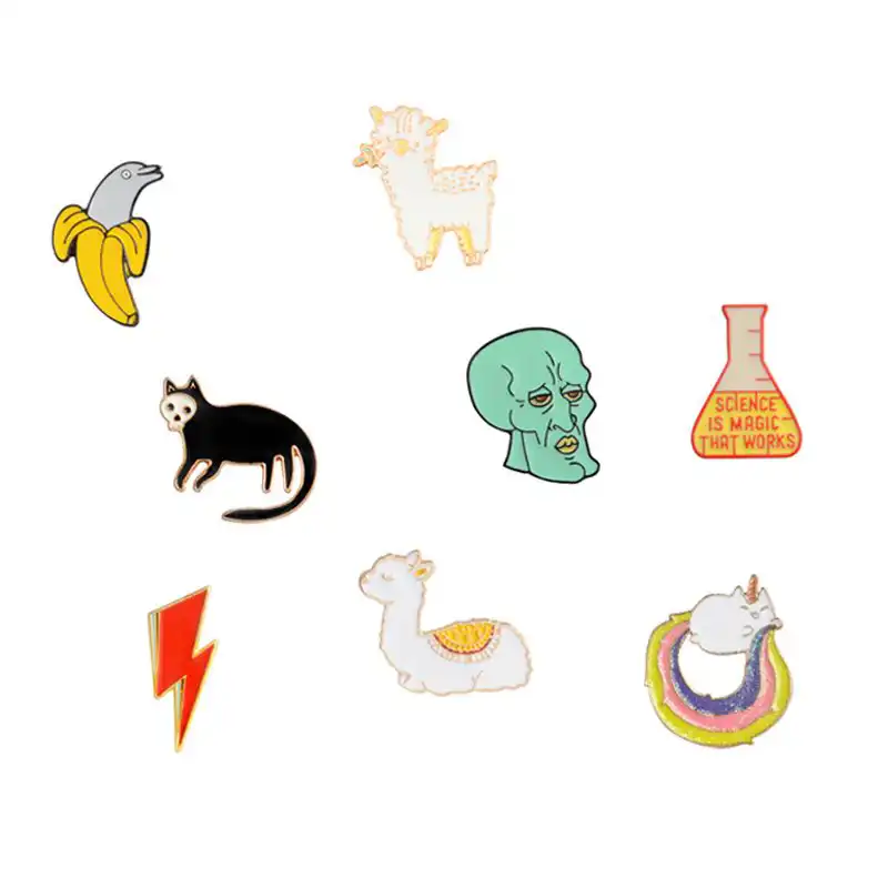 Broches Y Pines De Dibujos Animados Delfin Oveja Llama Cabeza Relampago Ciencia Beaker Gato Broche Coleccion Pin Pines Con Insignia Metalica Para Ninos Broches Aliexpress