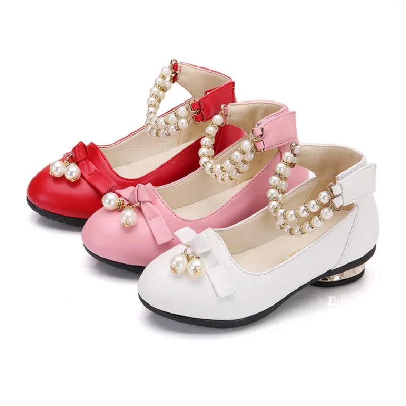 

Pearl Bow Kid Party Shoe For Girls High-Heeled Leather Shoes Princess School Children Wedding Shoe 4 5 6 7 8 9 10 11 12 Year Old