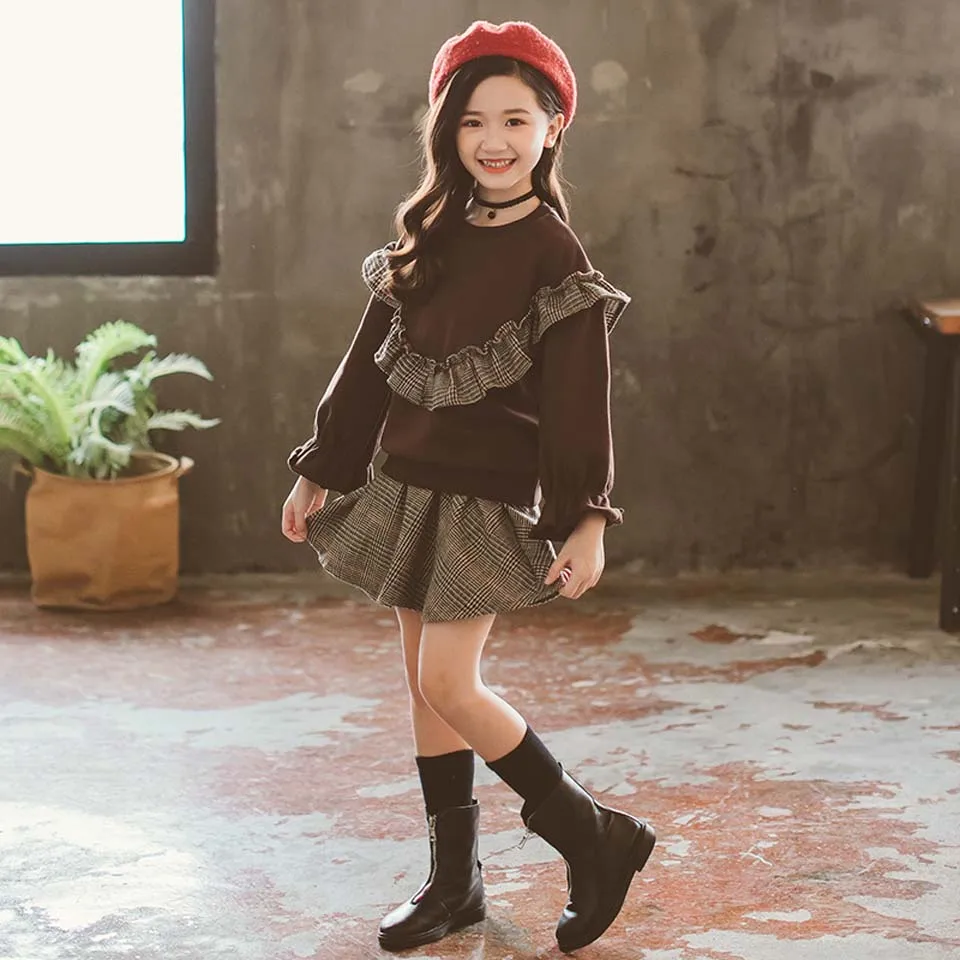 

Girls Clothes 10 12 years Child Kids Baby Outfits Spring Clothes Fashion Long Sleeve T shirt Tops Plaid Skirt 2Pcs Teenager Set