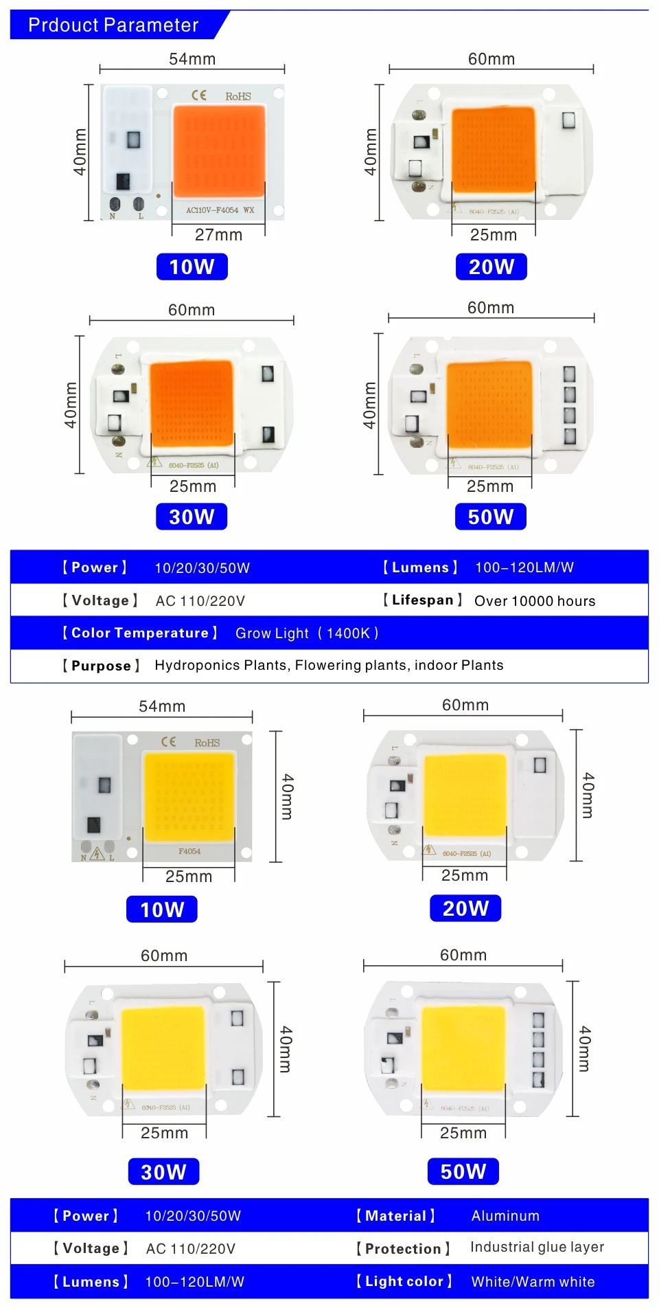 Led Cob чип 10 Вт 20 Вт 30 Вт 50 Вт 220 В светать чип полный спектр для комнатных растений рост рассады и цветок холодный белый теплый белый