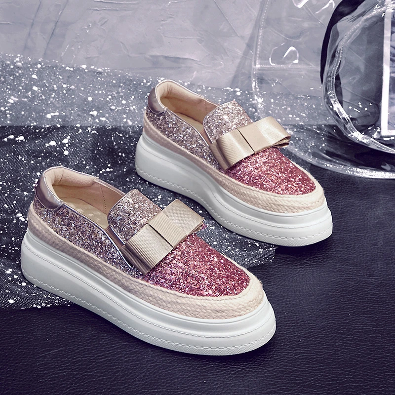 

2018 autumn and winter new fashion simple bow sequins platform casual shoes women retro elegant straw loafers.