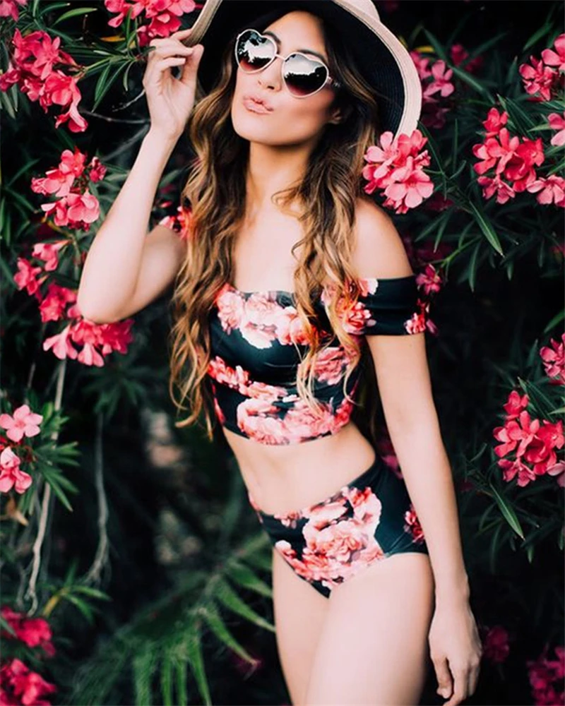 

Ariel Sarah Brand Bikini 2017 Floral Print Swimwear Women High Waist Swimsuit Off Shoulder Bikini Set Bikinis Women MonokiniQ054