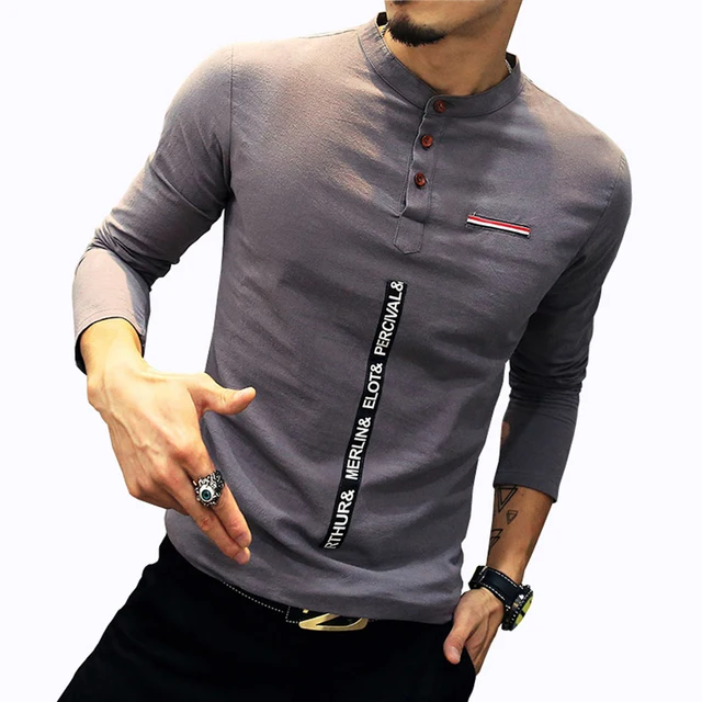 New Fashion Trend Three Button Collar Casual Men's Shirt Long Sleeve