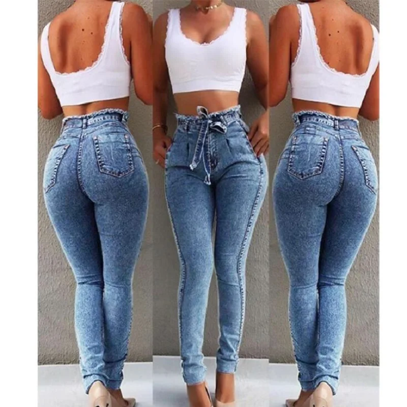 Женские джинсы модные с высокой талией новые джинсы женская одежда повязки джинсовые Большие размеры женские узкие брюки обтягивающие джинсы