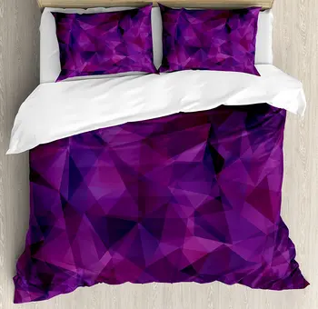 

Indigo Duvet Cover Set Broken Glass Inspired Geometric Triangles Abstract Shapes Bedding Set Eggplant Purple Lilac and Burgundy