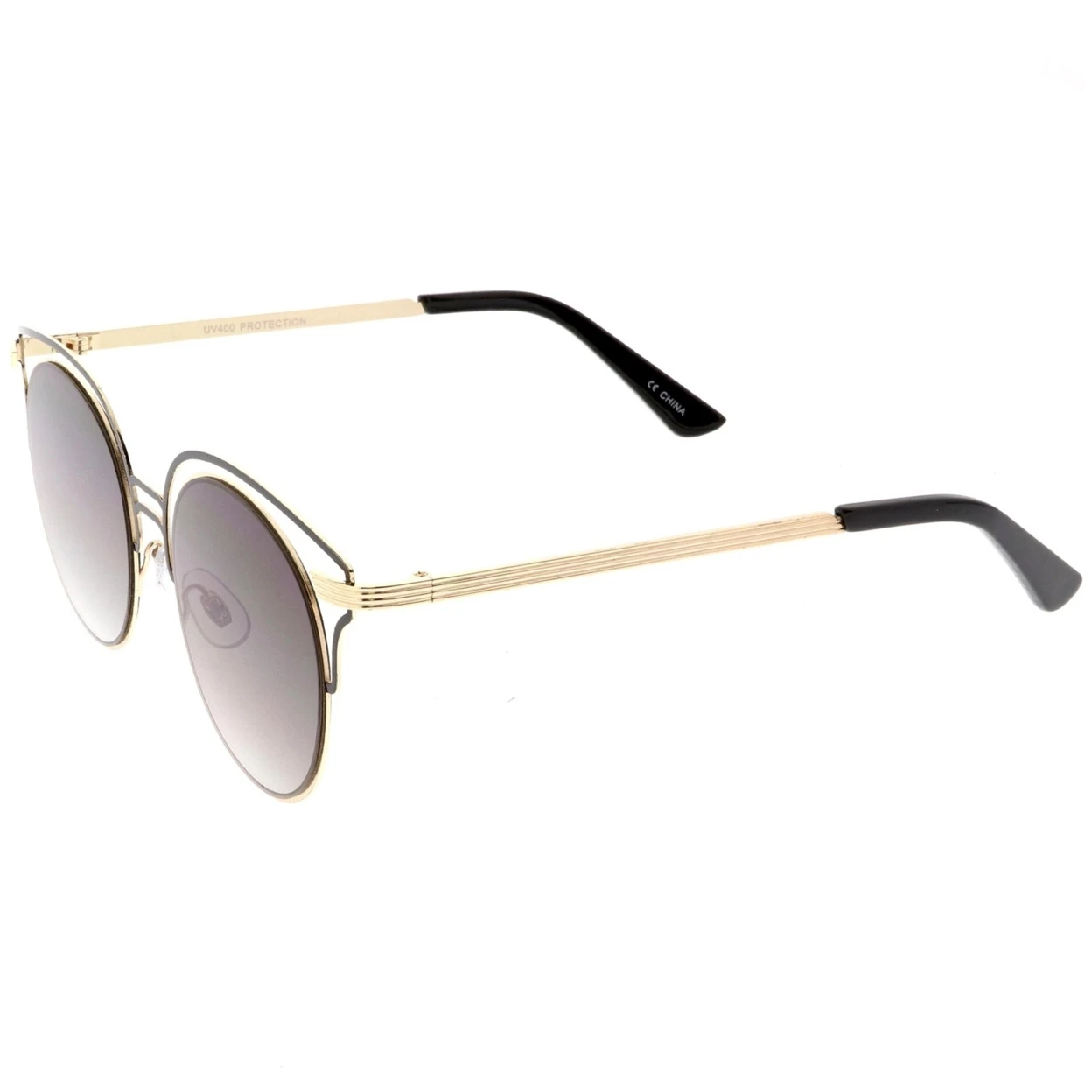 Unique Metal Cut Out Cat Eye Sunglasses Round Neutral Color Flat Lens 50mm (2)