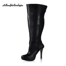 LLXF/мотоциклетные сапоги до колена с двойной пряжкой обувь на молнии на тонком каблуке 14 см женские свадебные туфли-лодочки с кисточками; botas mujer; большие размеры 35-42, 43