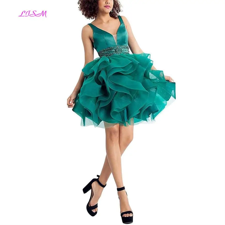 

Neck Beaded Short Homecoming Dresses Open Back Evening Prom Party Gowns