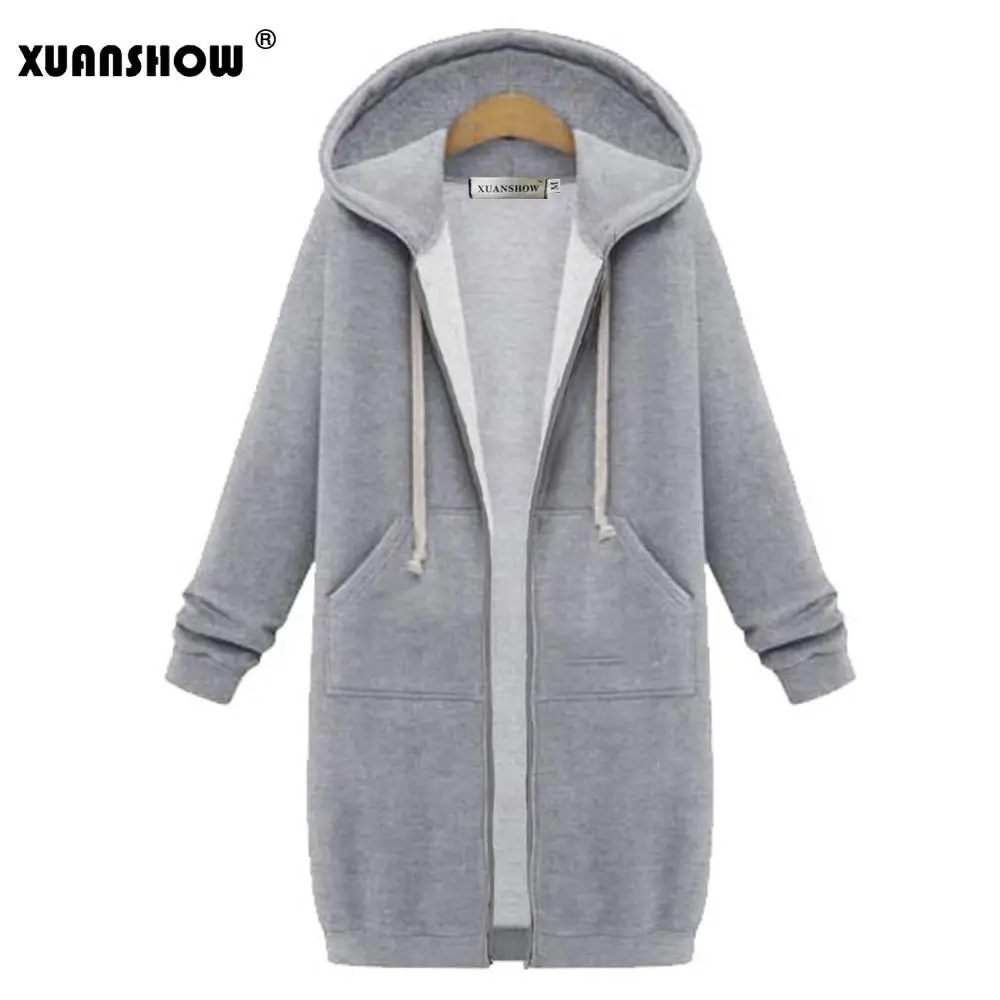 XUANSHOW женские зимние куртки модная верхняя одежда на молнии с длинным рукавом и капюшоном Женское пальто размера плюс теплое S-5XL на молнии - Цвет: Light Grey