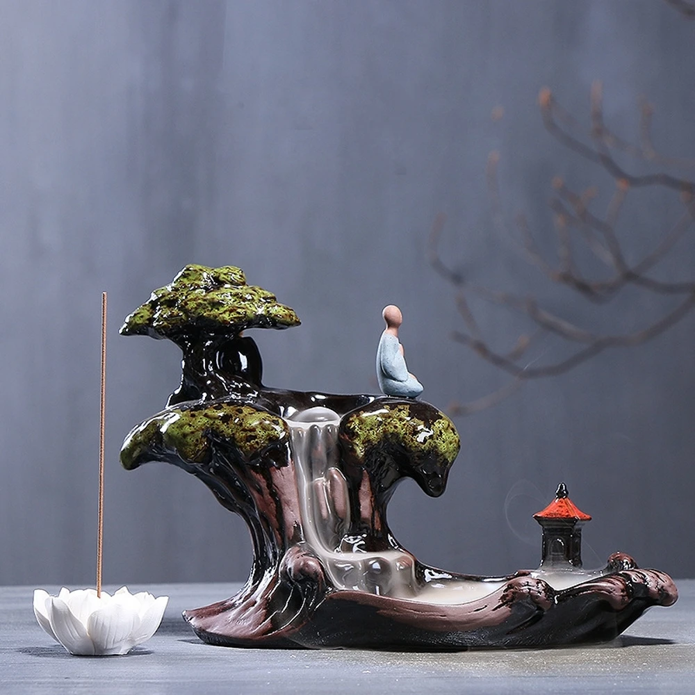 

Exquisite Glazed Ceramic Backflow Incense Holder Incense Burner Aromatherapy Furnace for Home Desk Decor with Lotus Base