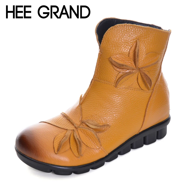 

HEE GRAND Women Ankle Boots Soft Flats Flower Decoration Womens Autumn Winter Genuine Leather Shoes Large Size 35-41 XWX6200