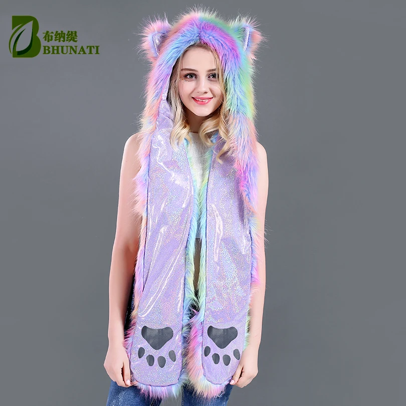 

2024 Multi-Color Winter Animal Style Hat Cute Multi-Scene Hat Scarf Glove 3-In-1 Single Item Faux Fur Hat