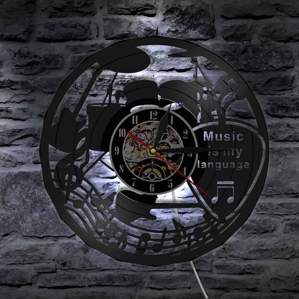 Music Band Guitar Drums Design Vinyl Record Wall Clock Music Is My Language Wall Clock Music Theater Decor Gift For Music Lover Music Band Guitar Drums Design Vinyl Record Wall Clock Music Is My Language Wall Clock Music Theater Decor Gift For Music Lover